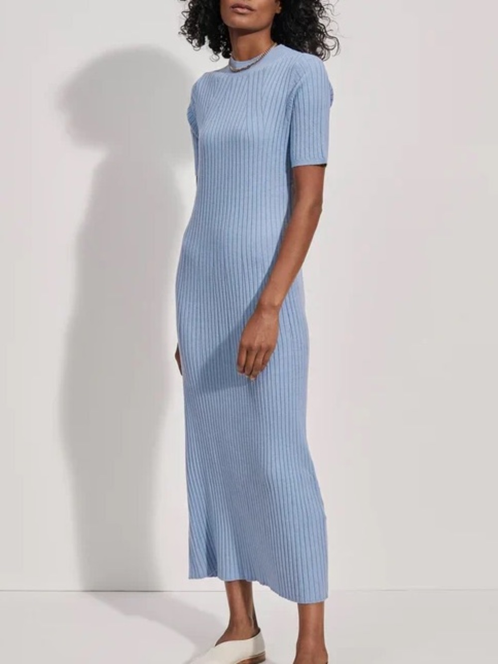 Varley Maeve Rib Knit Midi Dress Ashley Blue mock-neck Sz M